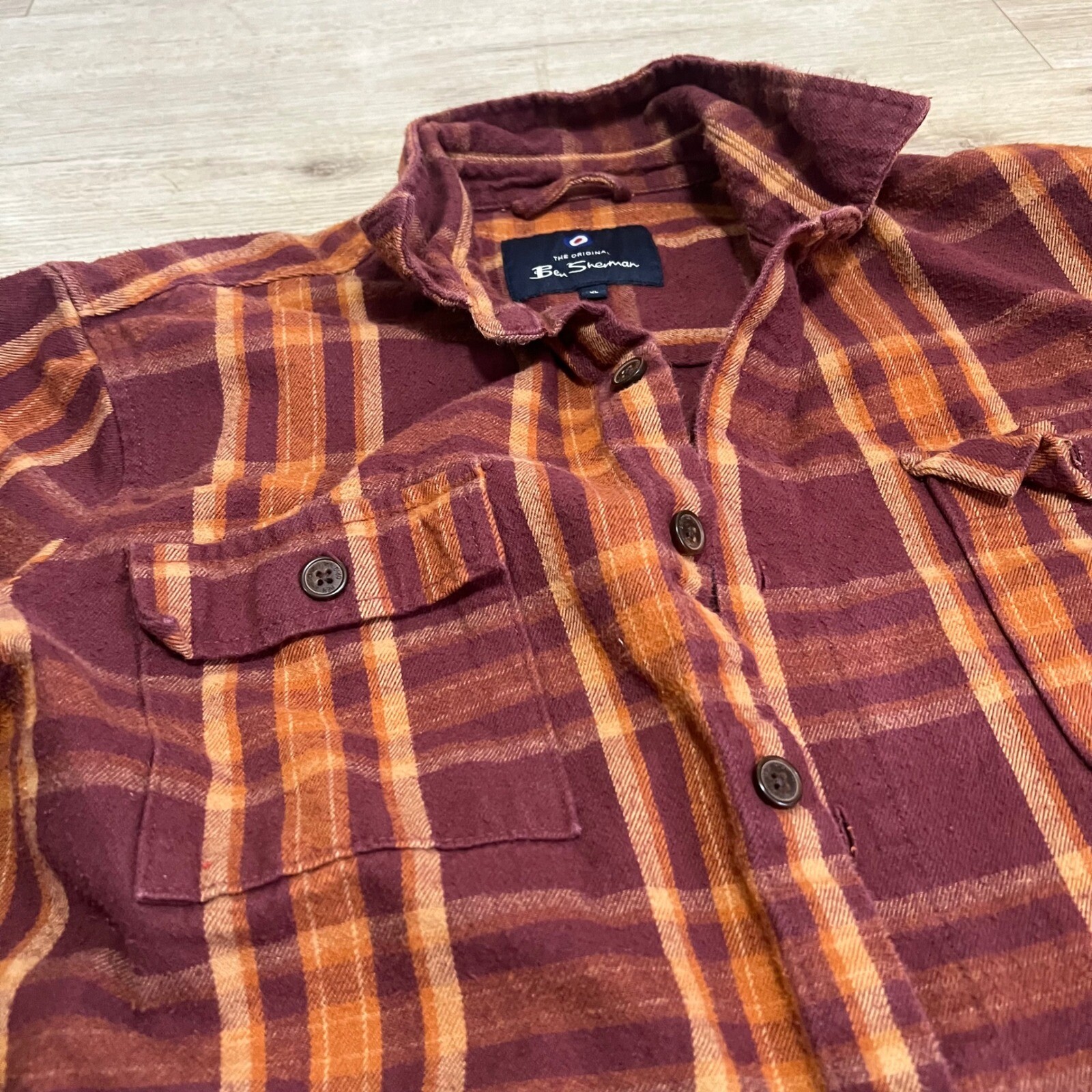 Ben Sherman Mens XL Plaid Red Orange Long Sleeve Flannel Shirt Punk Blitz GBH gallery