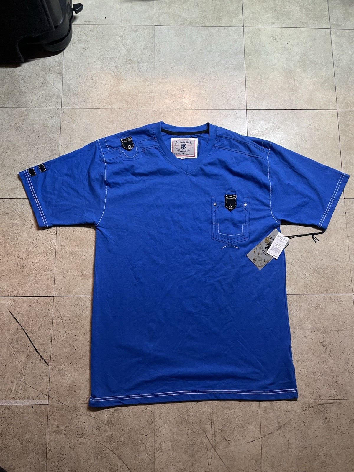 Attitude Gold Shirt Mens 3XL Blue Pocket Buttons Y2K Short Sleeve V-neck NWT gallery