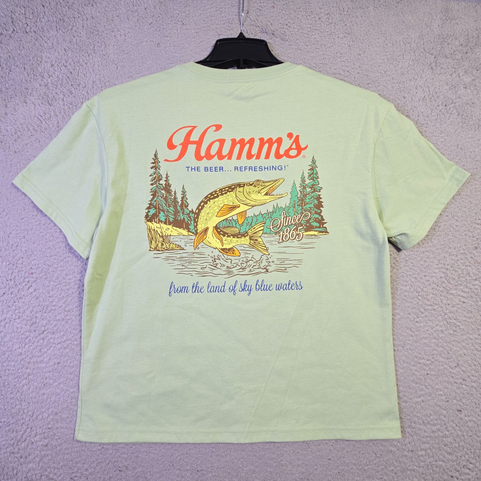 Hamms Beer Shirt Mens Small Green Fishing Hunting Casual Brew Distressed NWOT