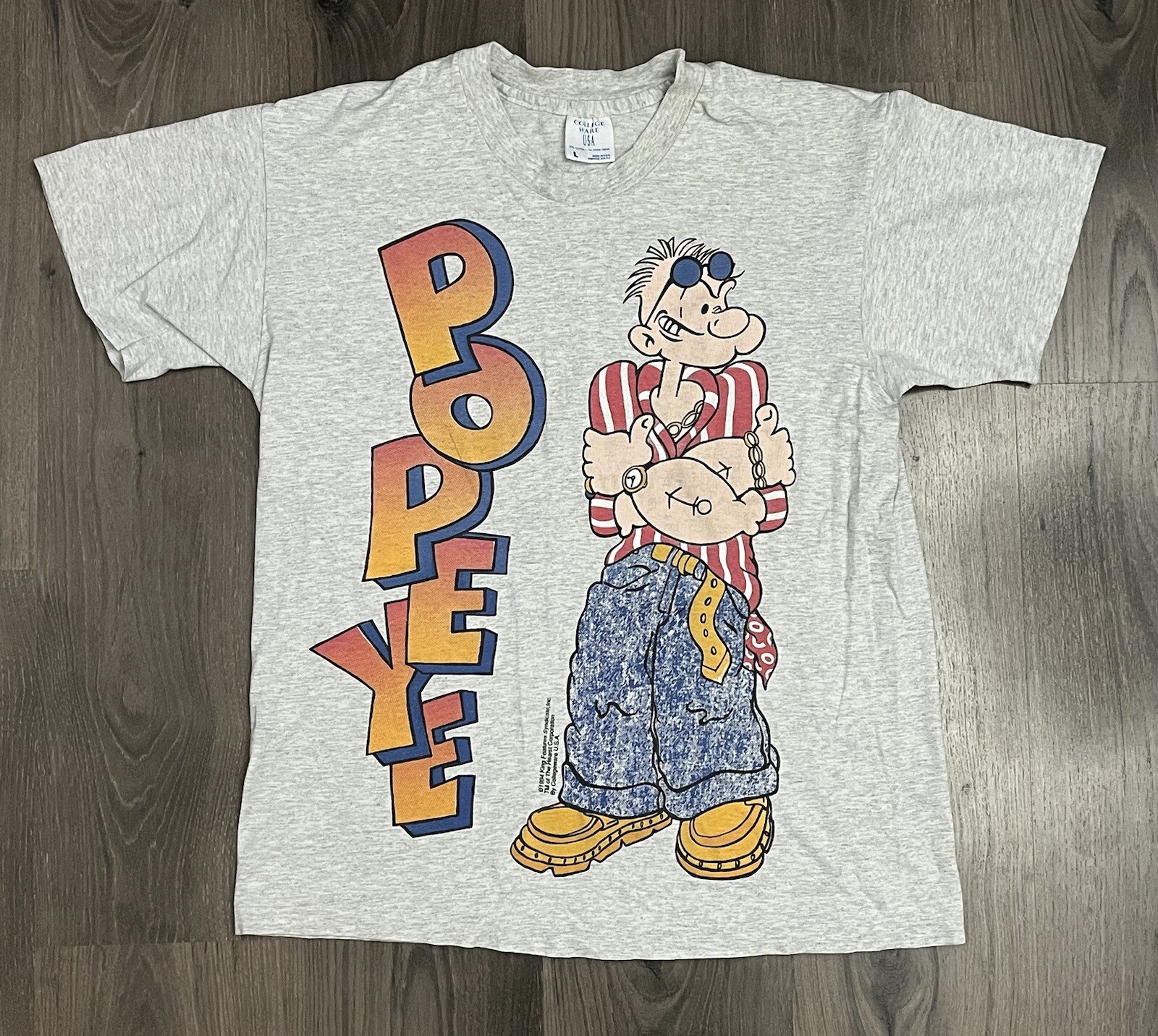 Vtg Popeye T-Shirt Size Large Gray Single Stitch Collegeware 1994 Graphic Tee