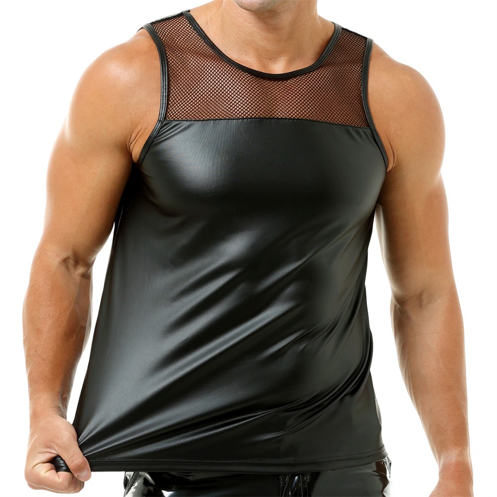 Men Splicing Mesh Faux Leather Vest Muscle Casual Undershirts Nightclub Tank Top