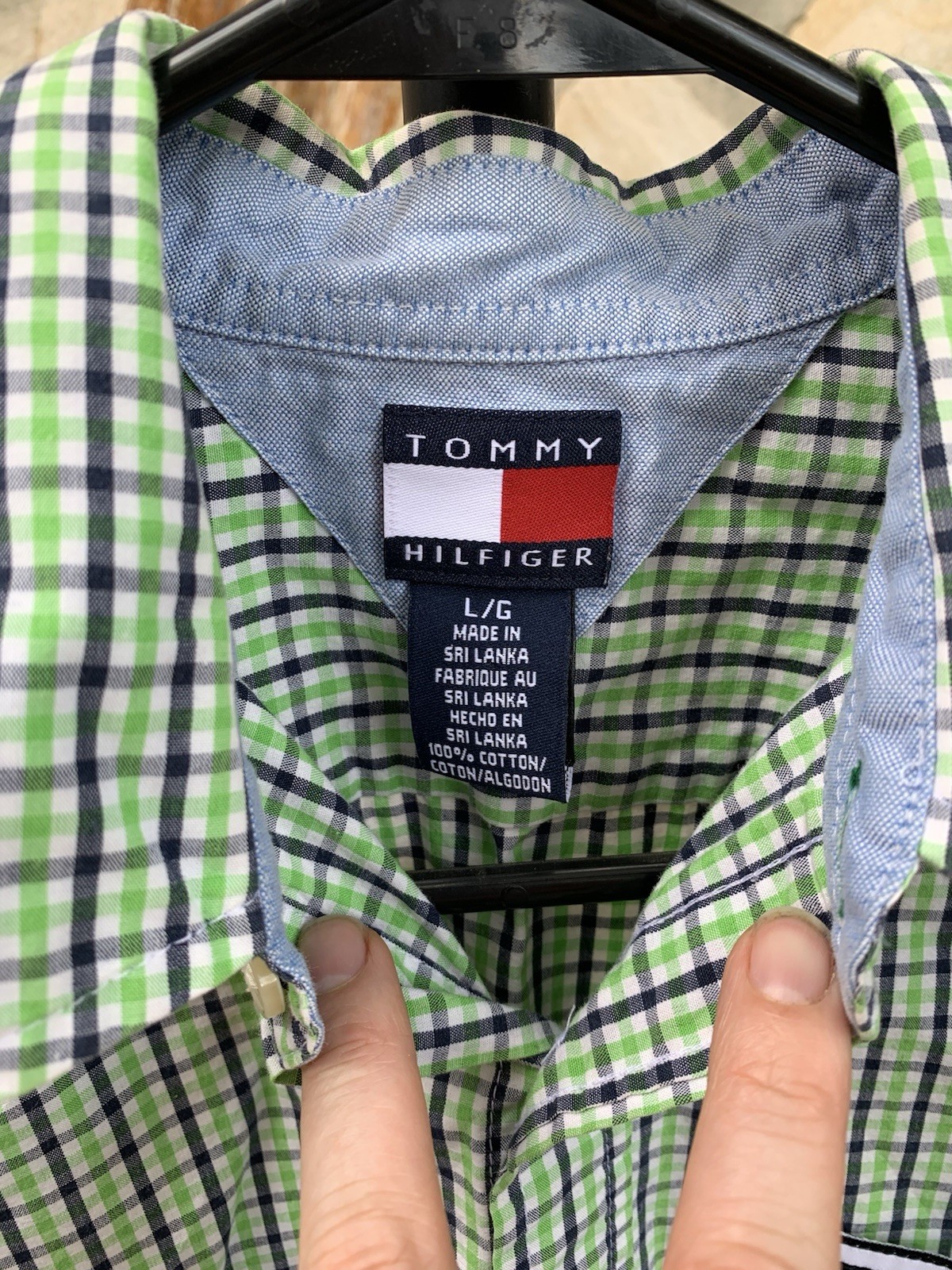 Tommy Hilfiger Short Sleeve Shirt Gingham Green Button Flag Logo Stripe Mens Lg gallery