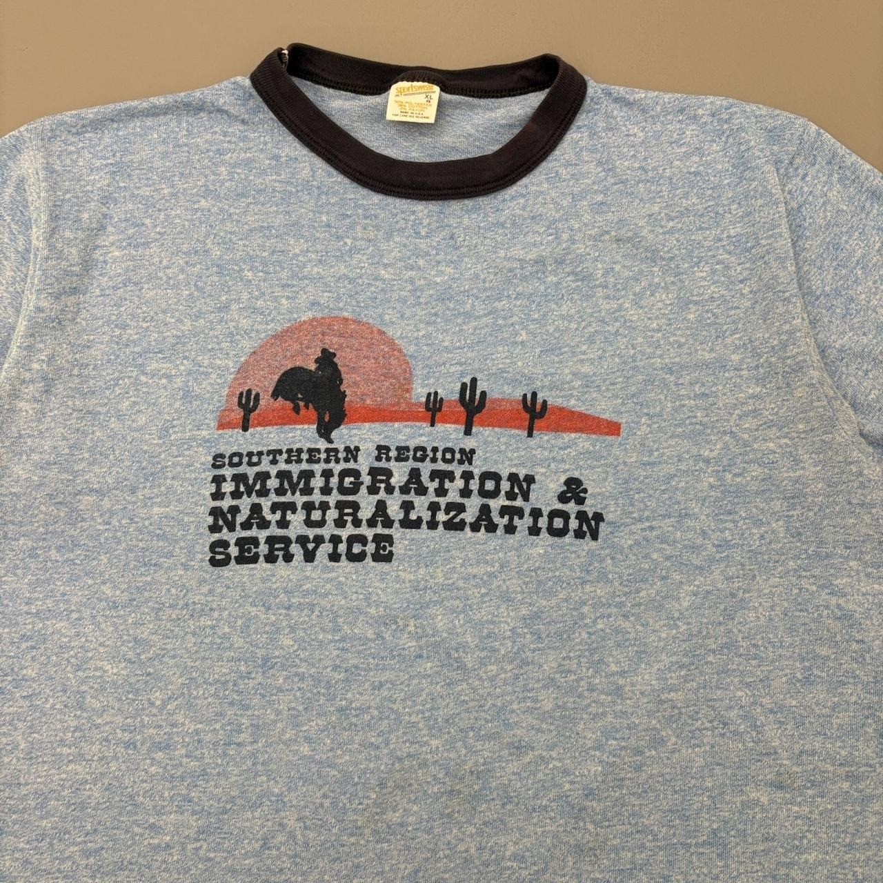 Vintage 70s Southwestern Immigration Ringer Shirt Blue Polycotton True Large gallery