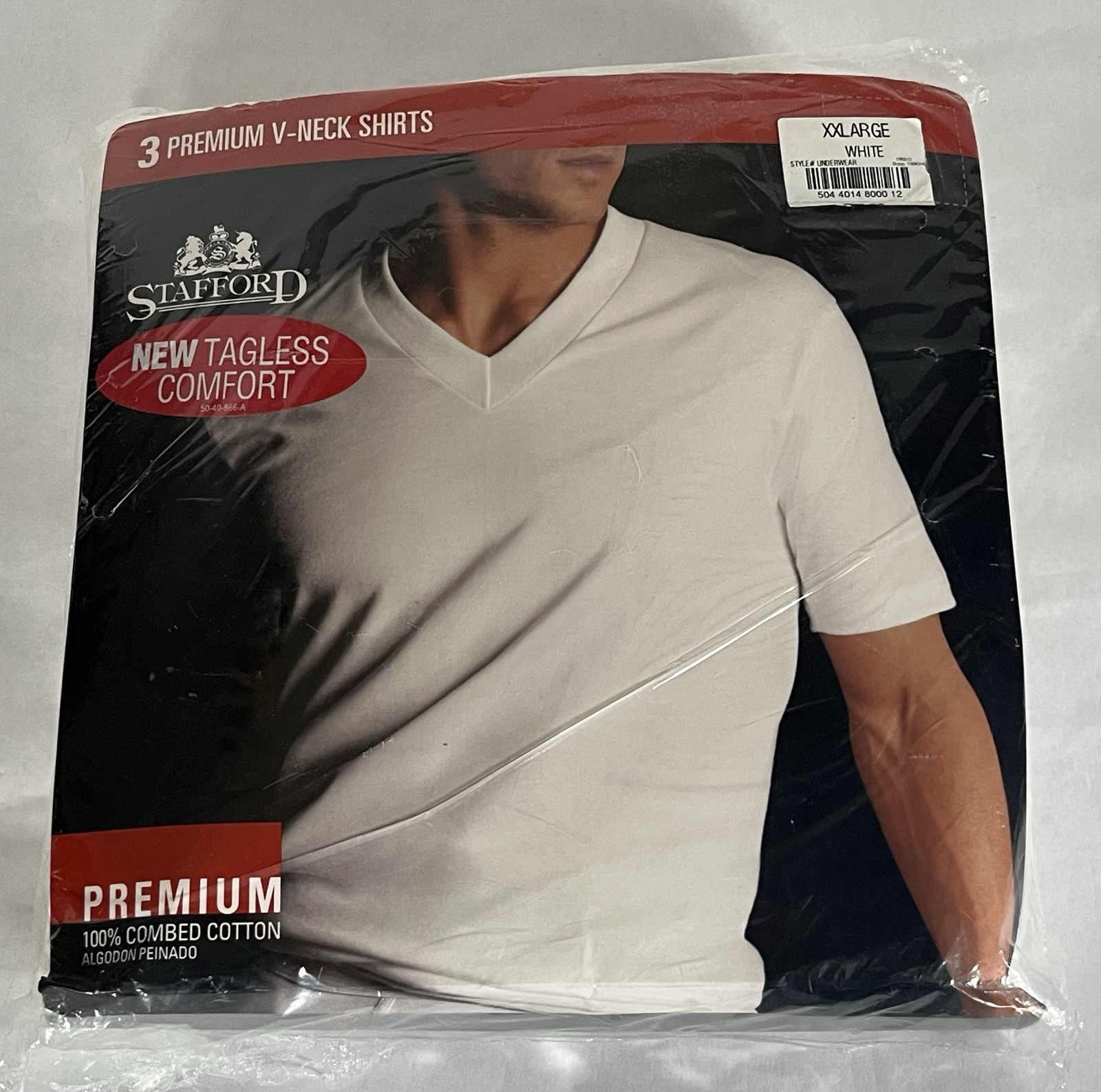 Stafford 3 Premium V-Neck Shirts 100% Combed Cotton XX-Large White NEW SEALED