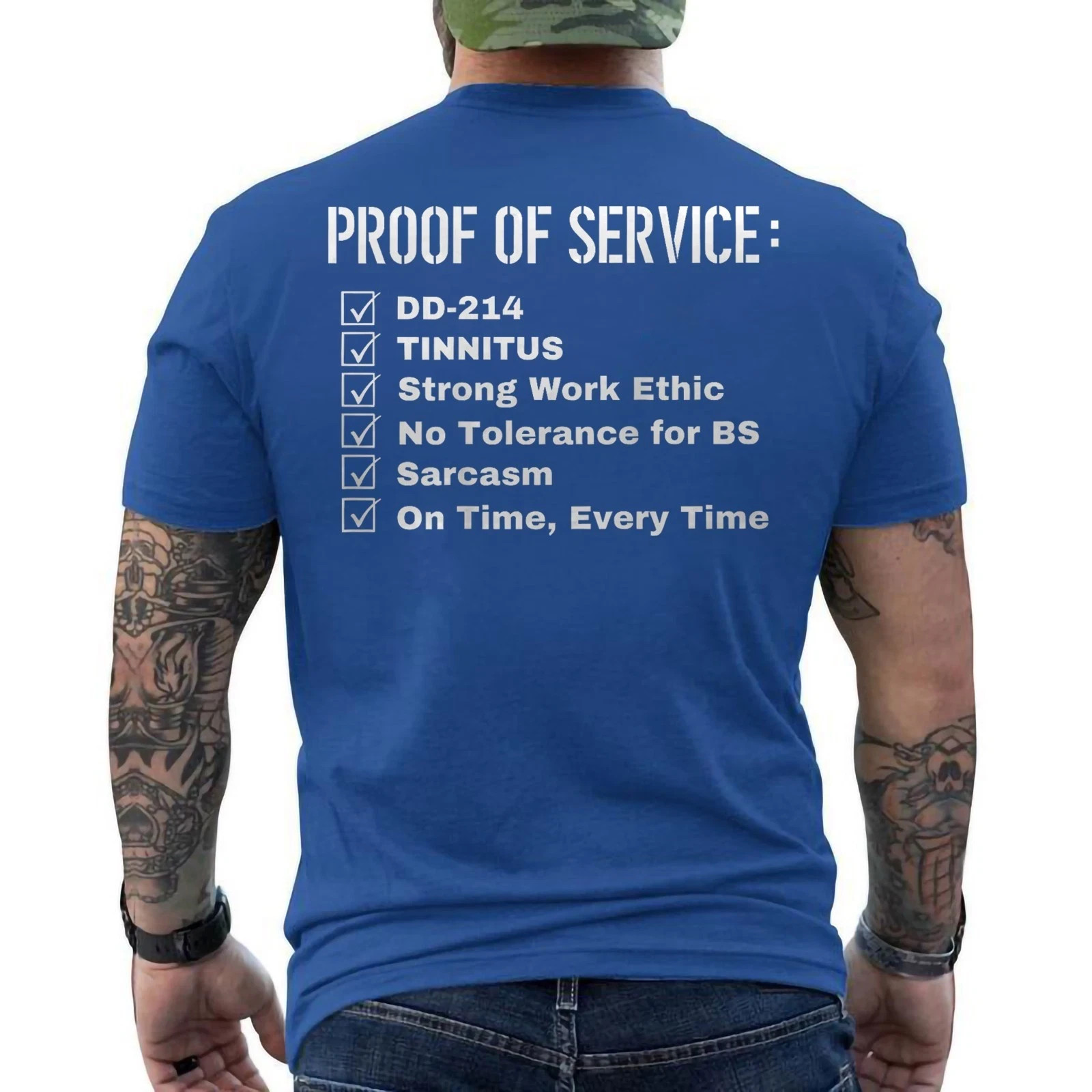 Proof Of Service DD-214 Tinnitus Strong Work Ethic Sarcasm ON BACK T-Shirt gallery