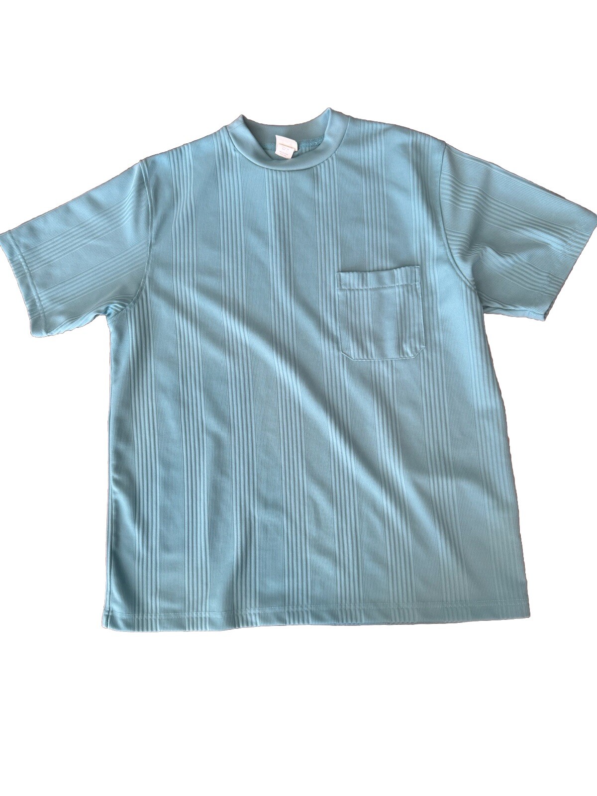 VTG 60s Hippie Shirt Stretch Crew Ribbed Polyester Blue Pocket Grandpa Dad Large gallery