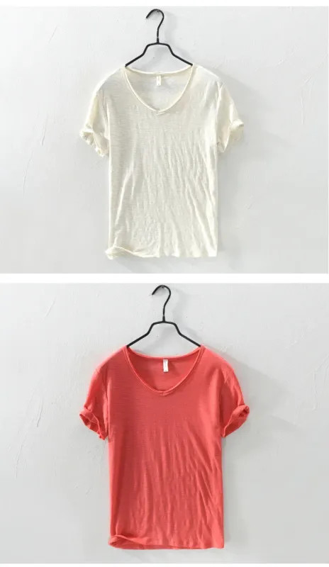 2026 New Mens T Shirt Pure Color V Collar Short Sleeved Tops Tees Men T-Shirt. gallery