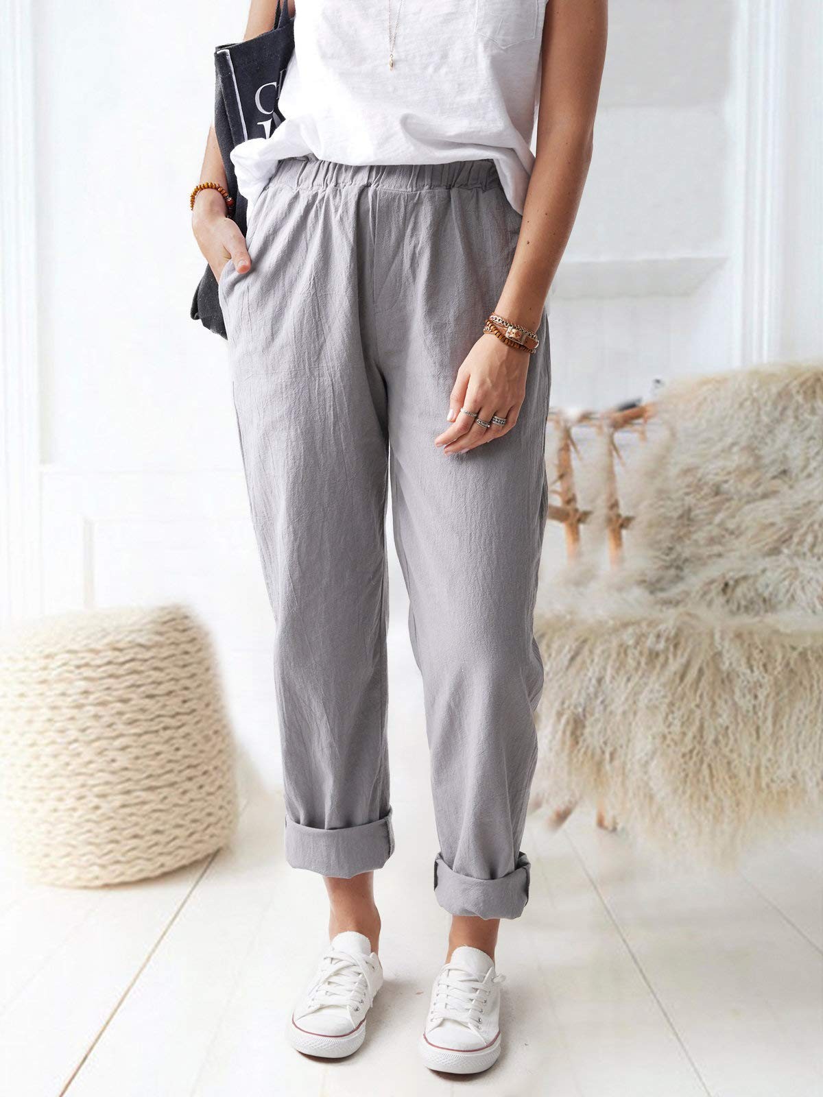 Women's Straight Pants Elastic Waist Casual Trousers Pants with Pockets Dark ... gallery