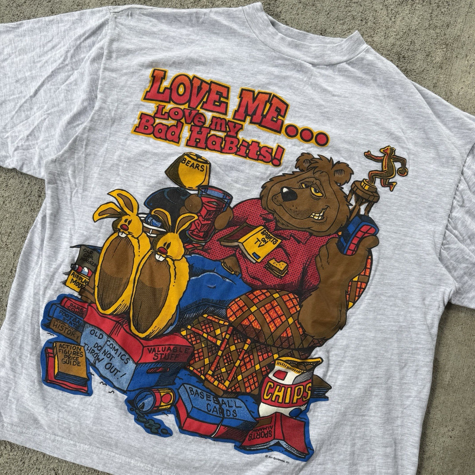 Vintage 90s Love Me Love My Bad Habits Bear Graphic Dad Joke T Shirt Mens XL gallery