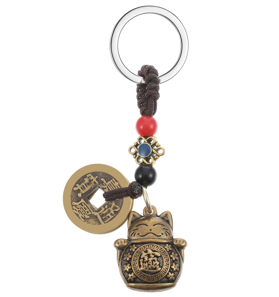 Lucky Cat Keychain, with Five Emperors Money Feng Shui Coins, Maneki Neko Goo…