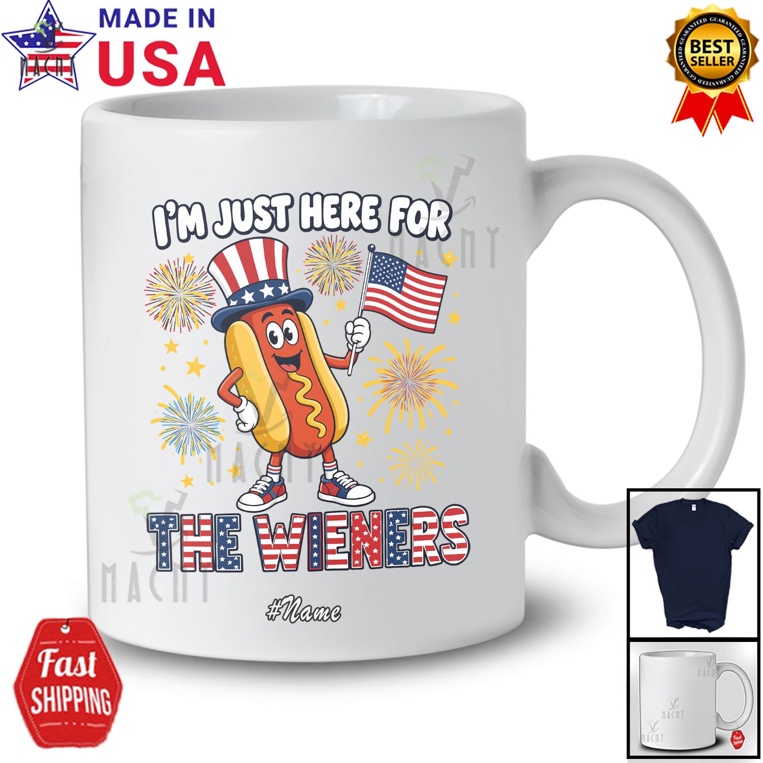 Custom Name Here For Wieners; 4th Of July Hotdog US Flag Patriotic T-Shirt gallery