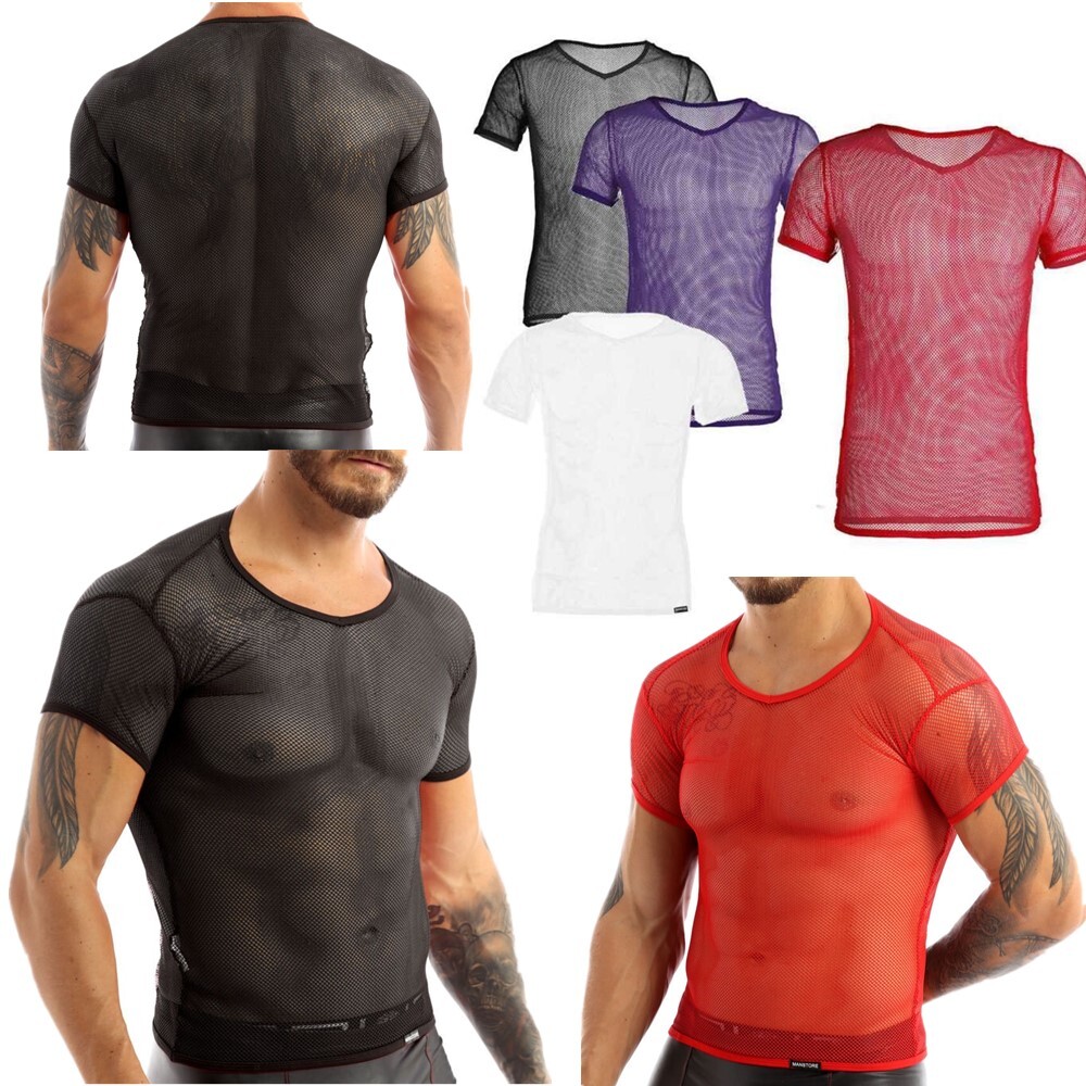 US Men's Sheer Mesh Fitted Short Sleeve Muscle Tank Tops Hollow Out Undershirt gallery
