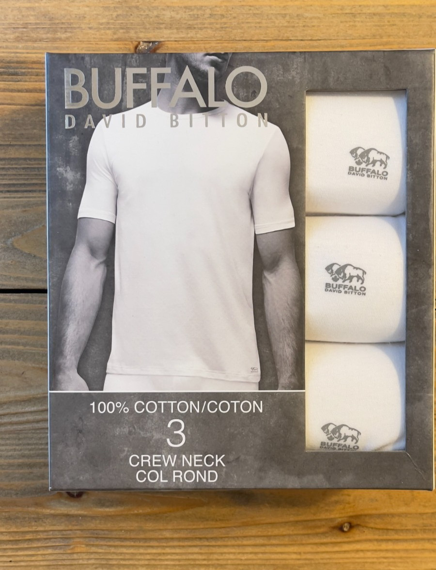 3-Pack Buffalo David Bitton Men White Crew Neck T-Shirt 100% Cotton, S, M