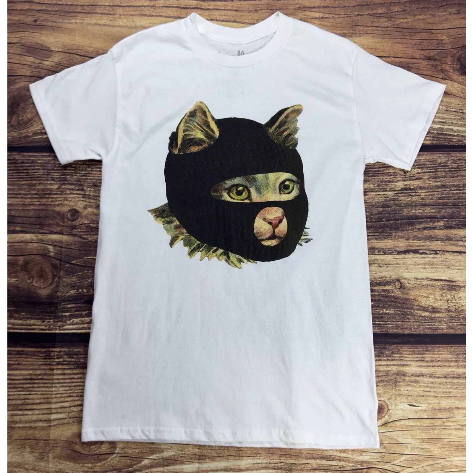 Cat With Ski Mask Graphic White Tshirt Small Skully Funny