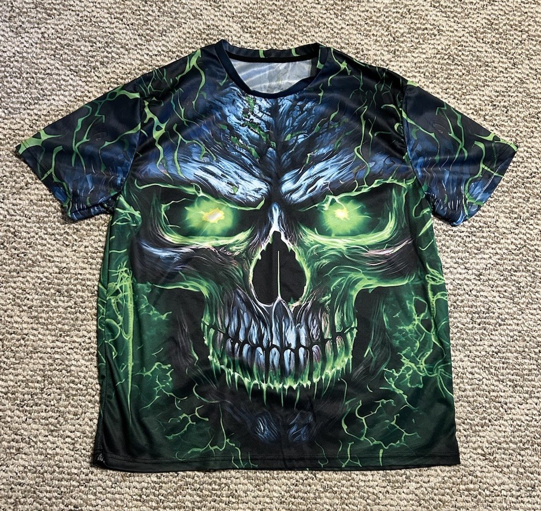 Green Flaming Skull All Over Print T-shirt XL Polyester Spandex gallery