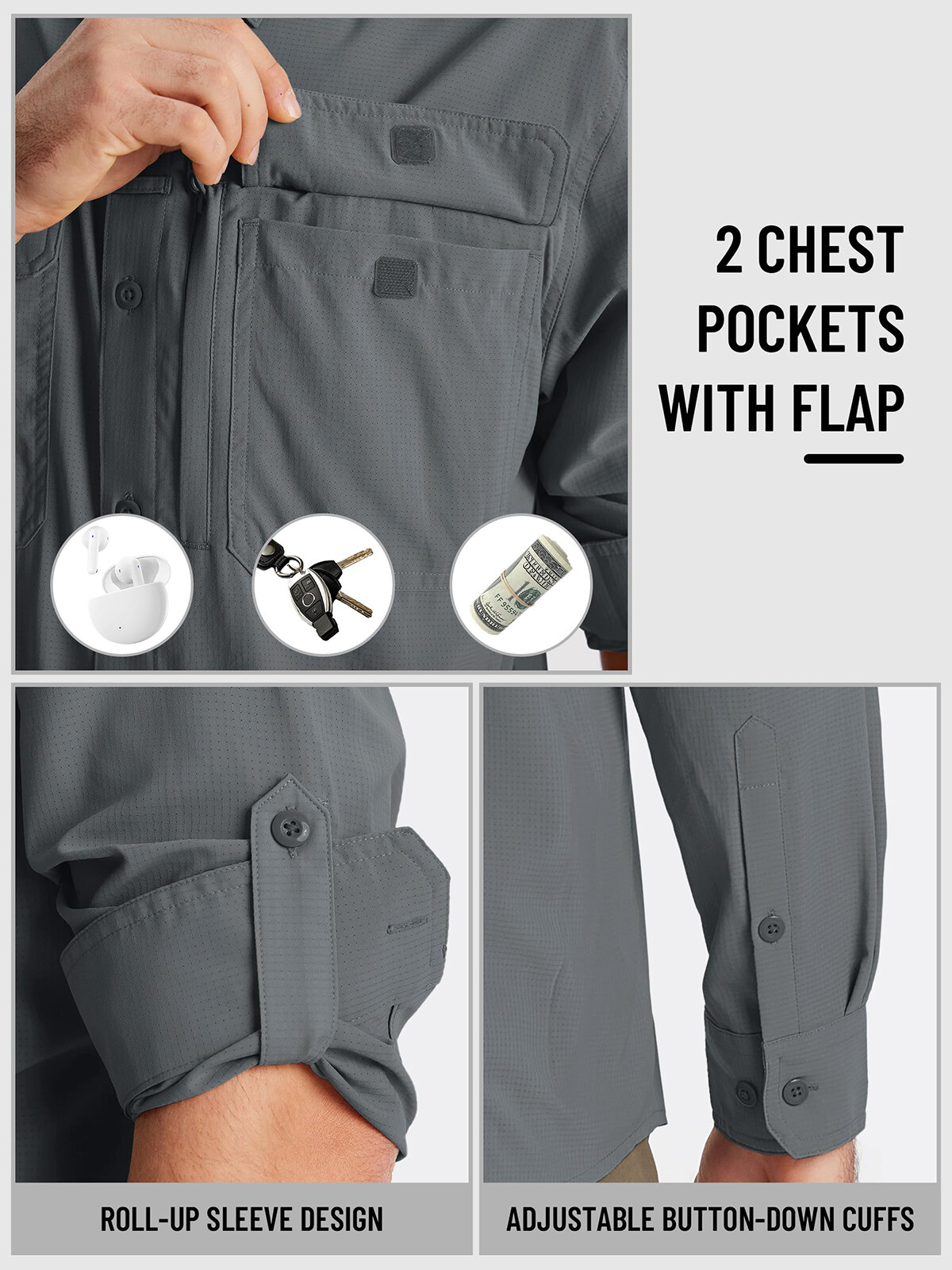 Mens Fishing Shirts Long Sleeve Sun Protection UPF50+ Quick Dry Button Down Tops gallery
