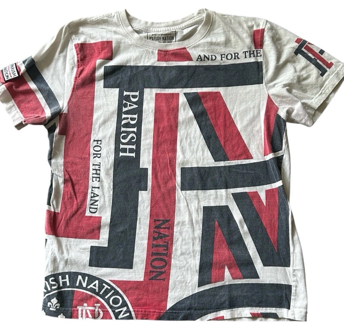 Parish Nation Men’s Large White Flag T Shirt For The Land Patriot Graphic Print gallery