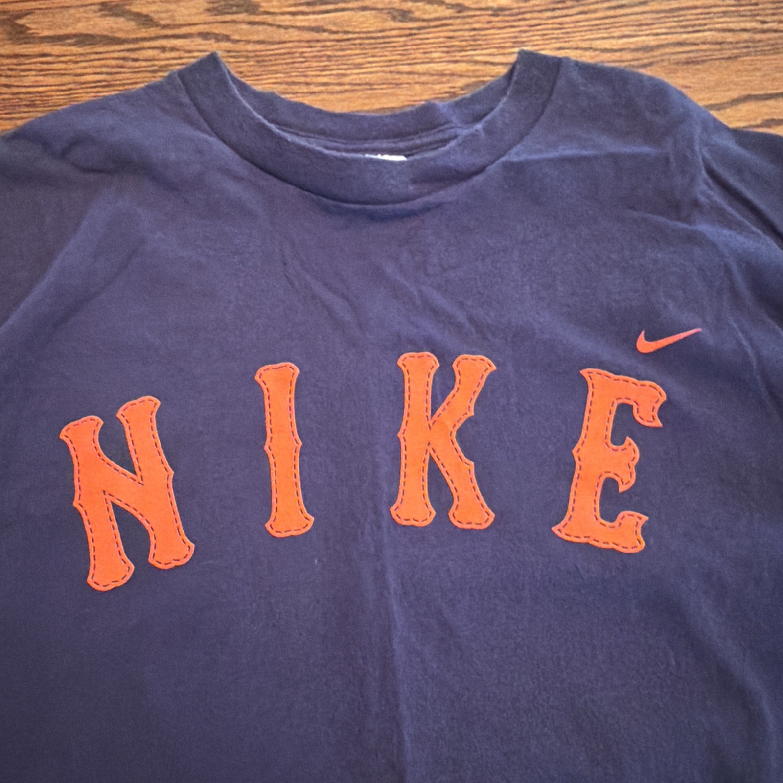 Vintage 90s Nike Blue Graphic SPELLOUT Logo T-Shirt Men's Large Orange Lettering gallery