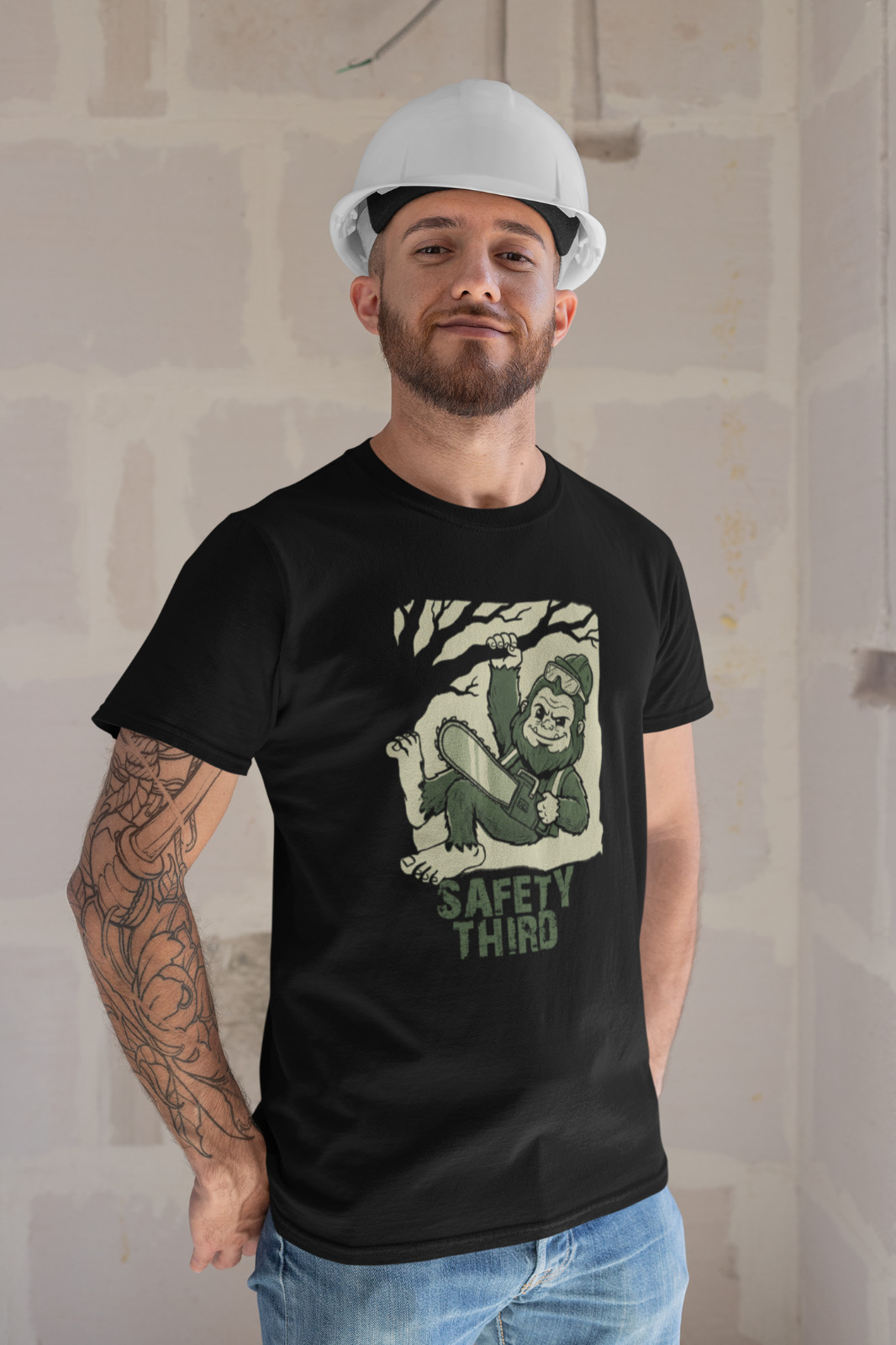 Safety First Third Bigfoot Chainsaw construction college Funny Graphic T-Shirt gallery