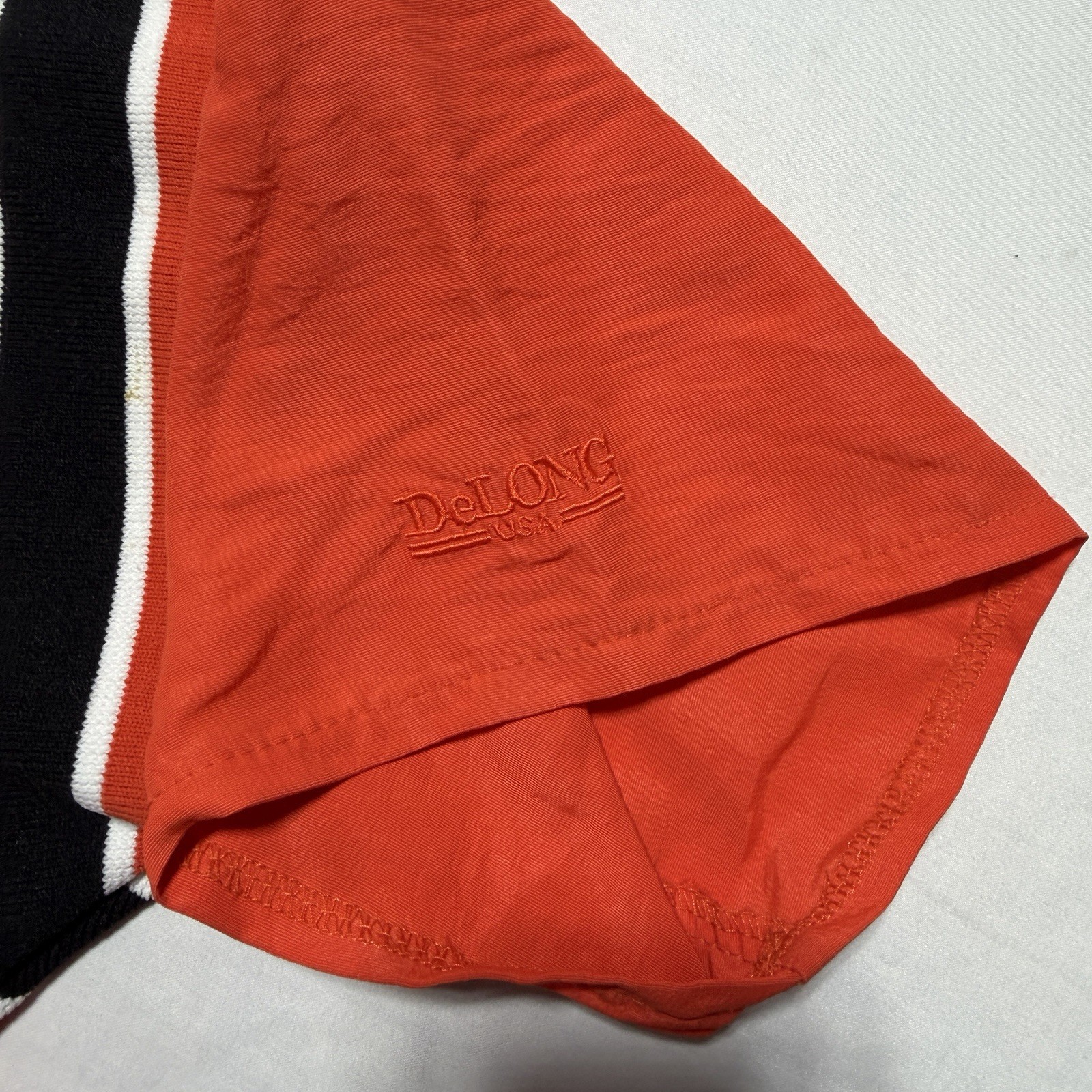 DeLong USA Vintage Nylon Pullover Shirt Medium Orange Black Stripe Drawstring gallery