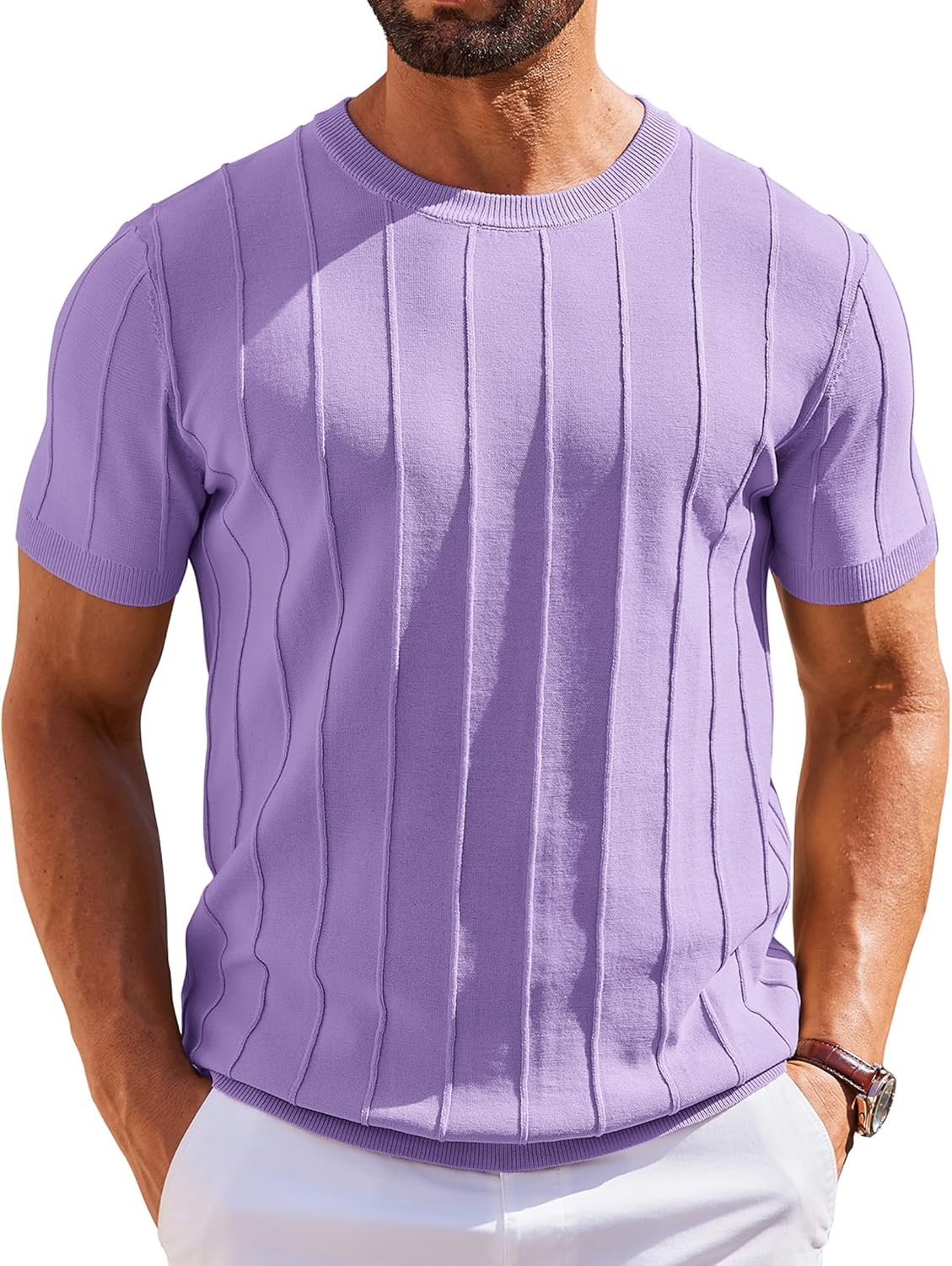Men's Casual Short Sleeve Knit T-Shirt - Ribbed Crewneck Pullover Tee gallery