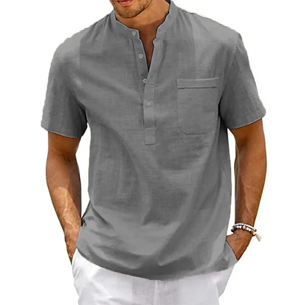 Cotton Linen Shirt Men Henley Neck Pocket Casual Beach Short Sleeve Solid Color gallery
