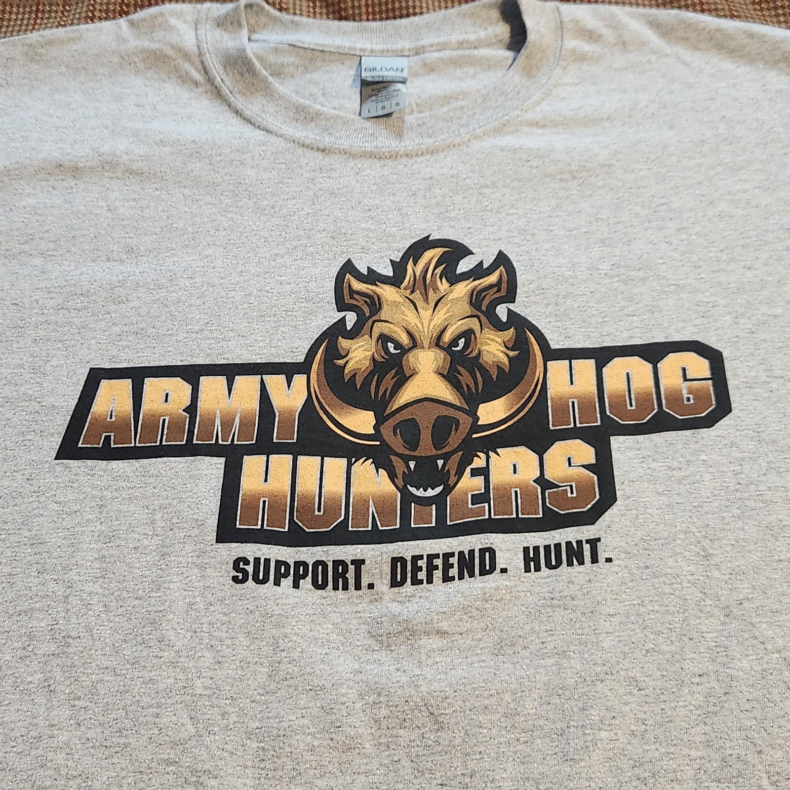 Army Hog Hunters Graphic T-Shirt Large Men Grey Double Sided Gildan Ultra Cotton gallery
