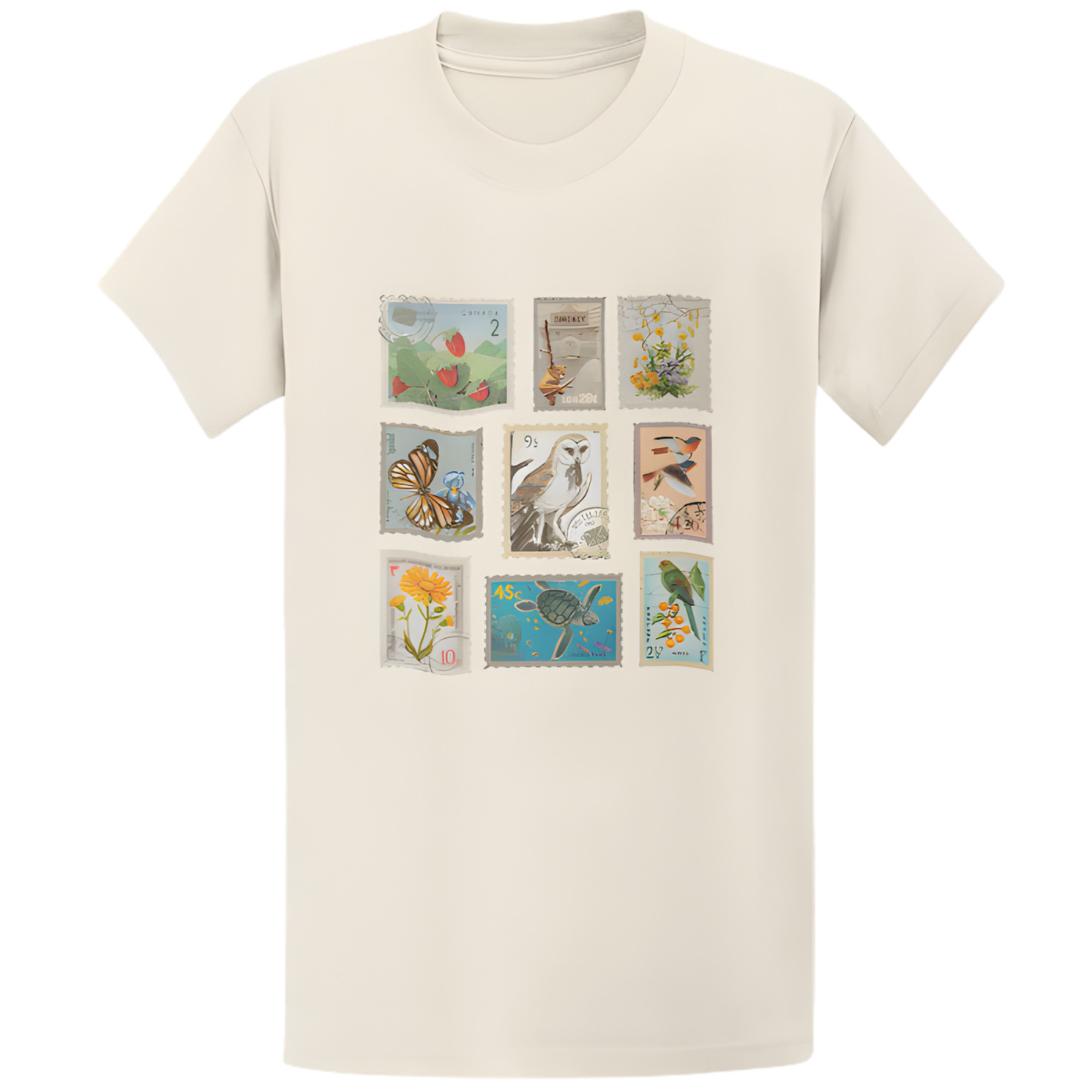Gildan 5000 Vintage Wildlife Botanical Stamp Collage T-Shirt - Retro Gift Tee gallery