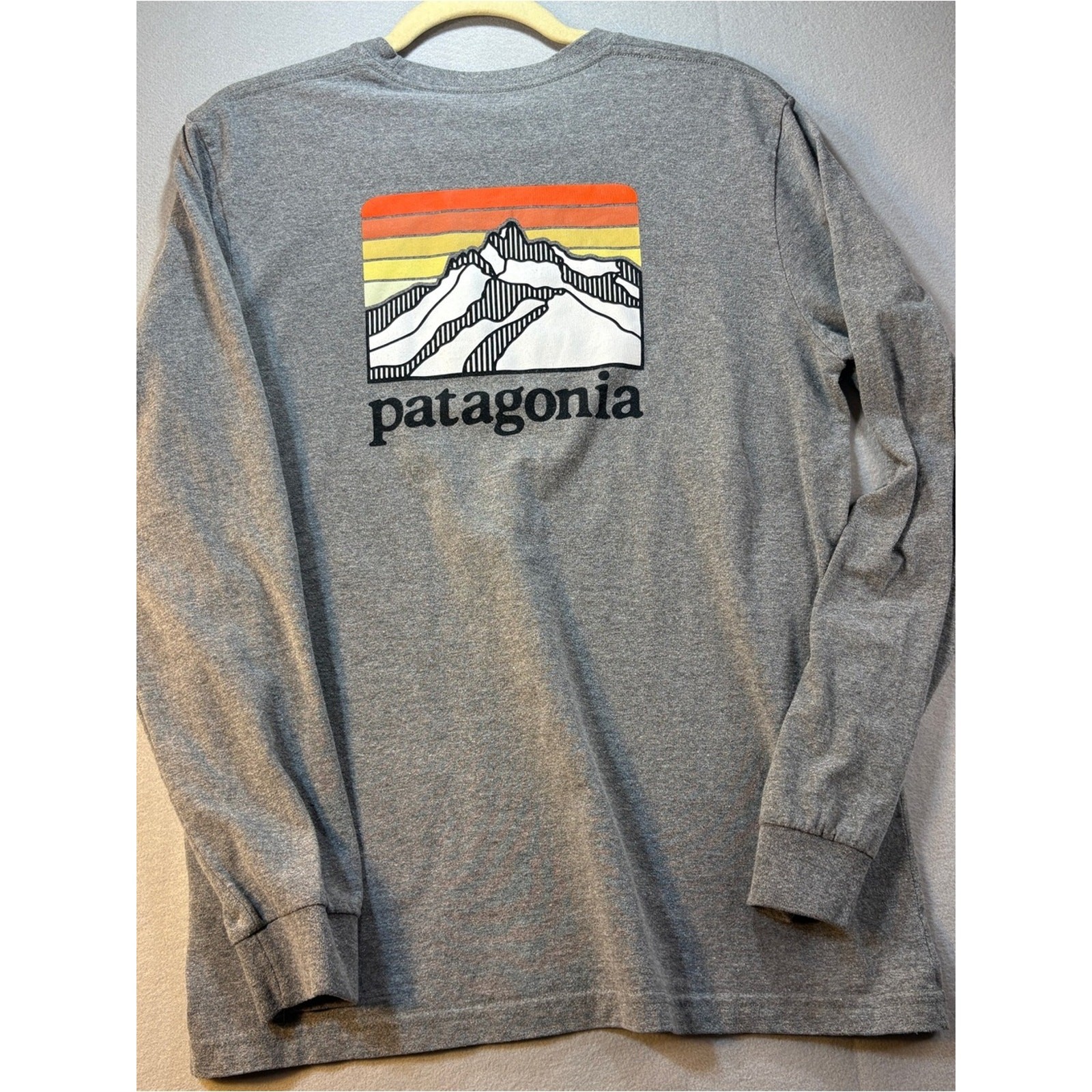 Patagonia Gray Long Sleeve Tee with Orange and Yellow Sunset Graphic gallery