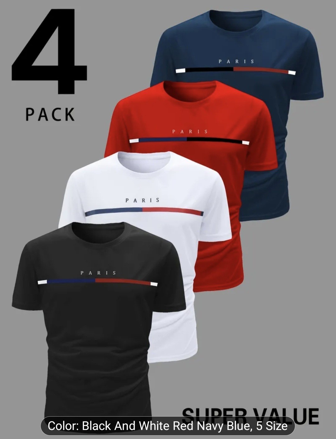 4 Pack Paris Graphic Men’s T-Shirts Navy Blue Red White Black