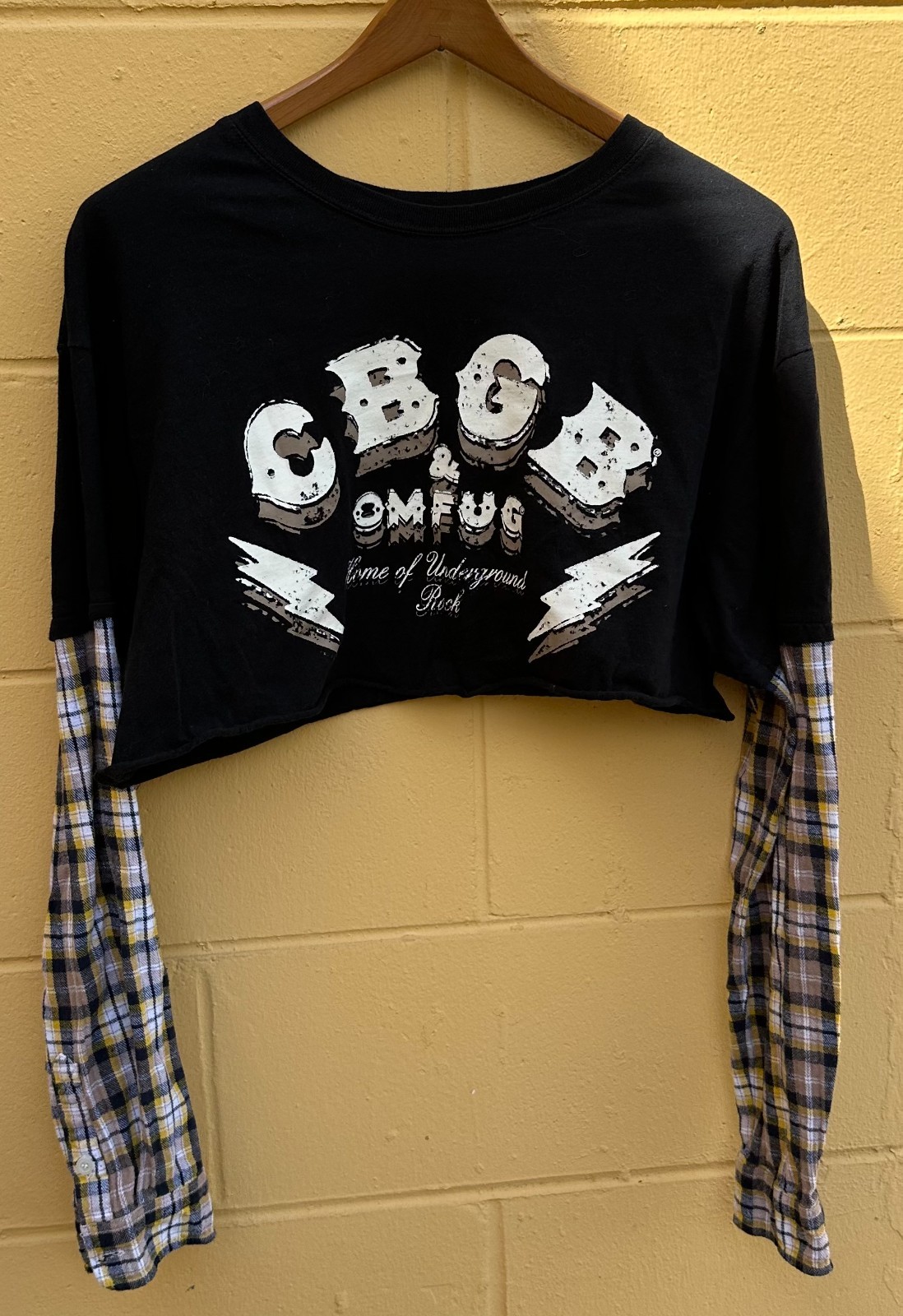 CBGB & OMFUG Cropped T-Shirt Flannel Long Sleeve by Goodie Two Sleeves Size L