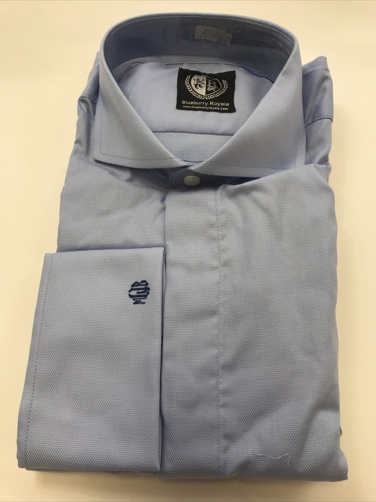 New Men’s Hidden Buttons Blue Spread Collar and French Cuffs Dress Shirt- L