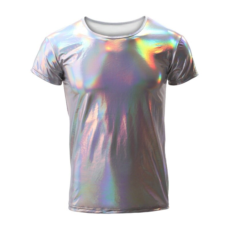 Men's Faux Leather T-Shirt Tops Shiny Metallic Wet Look Fitted Stage Club Wear gallery