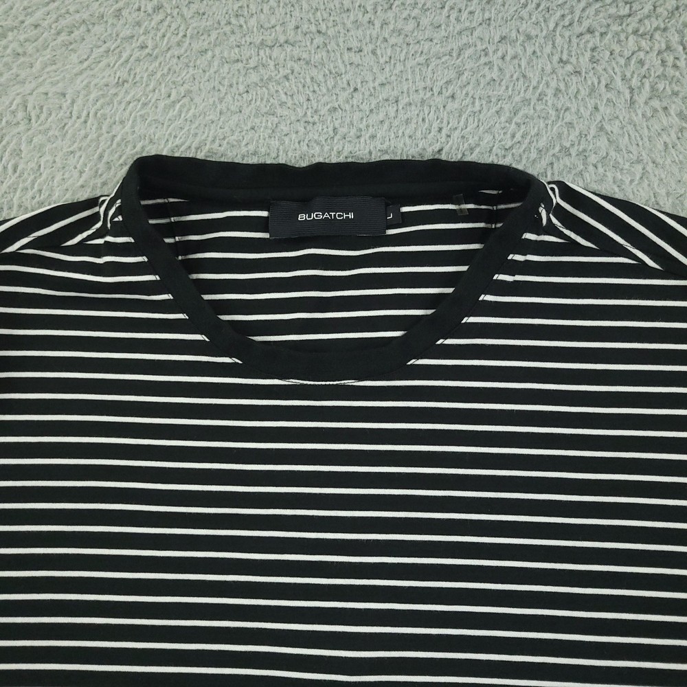 Bugatchi Shirt Mens Large Black White Striped Crewneck Casual Short Sleeve Tee