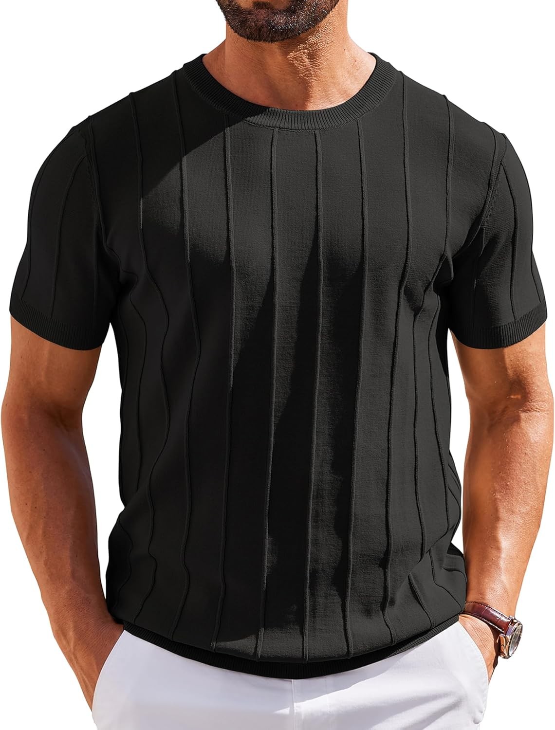 Men's Casual Short Sleeve Knit T-Shirt - Ribbed Crewneck Pullover Tee gallery