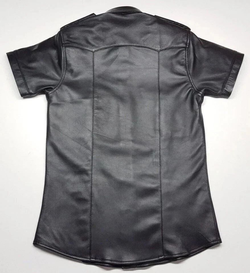 Men's Real Soft Leather Biker High Shine Police Style Motorcycle Leather Shirt gallery