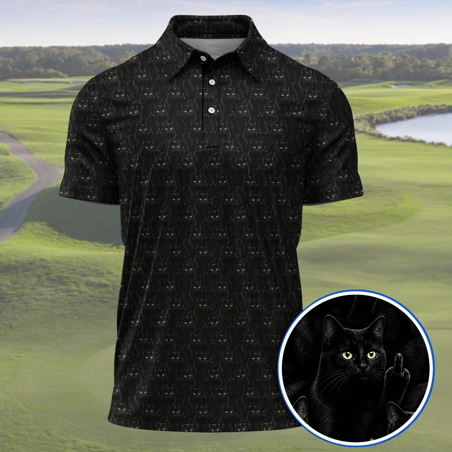 Black Cat Golf Polo Shirt Men Funny Rude Middle Finger Cat Dad Gift (S-5XL) gallery