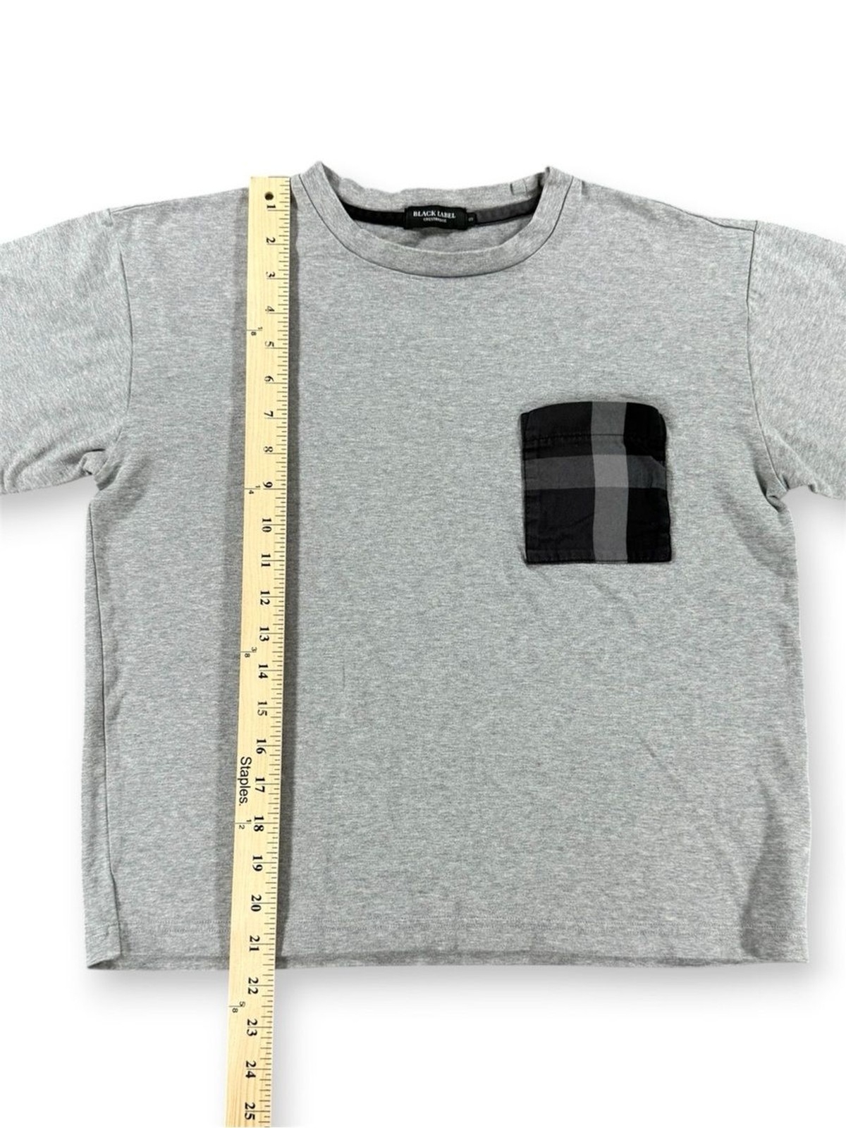 Black Label Crestbridge Men’s Heather Gray Tee with Black Plaid Pocket – Size S gallery