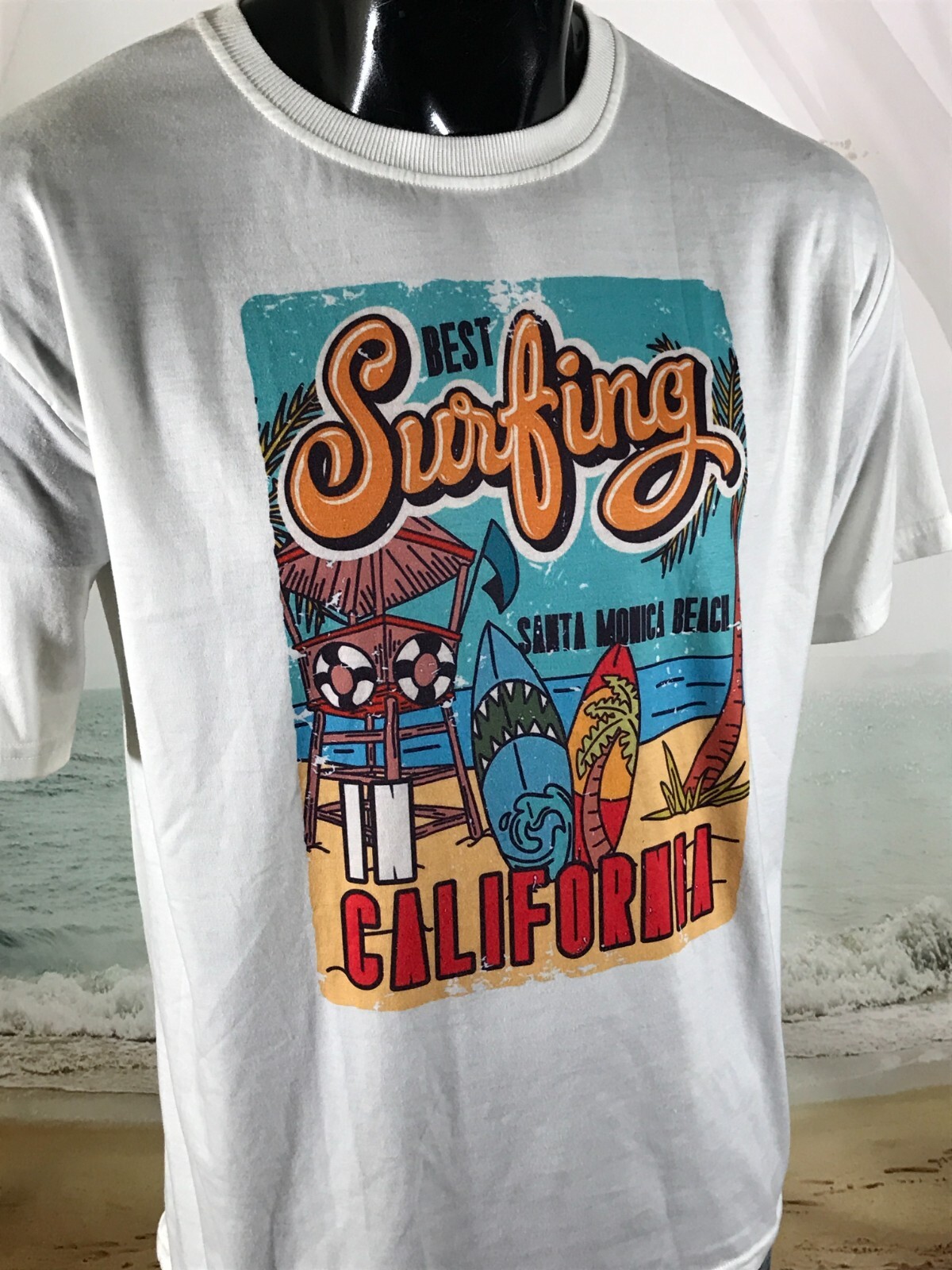 SURFING Santa Monica Beach California SHIRT Sz L White Polyester Spandex Blend gallery