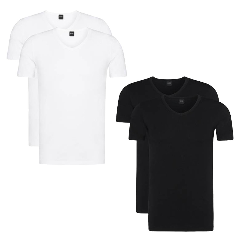 2 Pack BOSS Men’s V-Neck T-Shirts Cotton Stretch Black or White