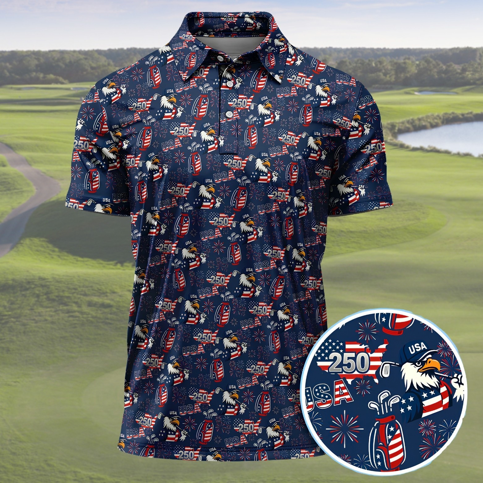 Men 250 USA Birthday Golf Polos, Patriotic Bald Eagle American Flag Shirt(S-5XL) gallery