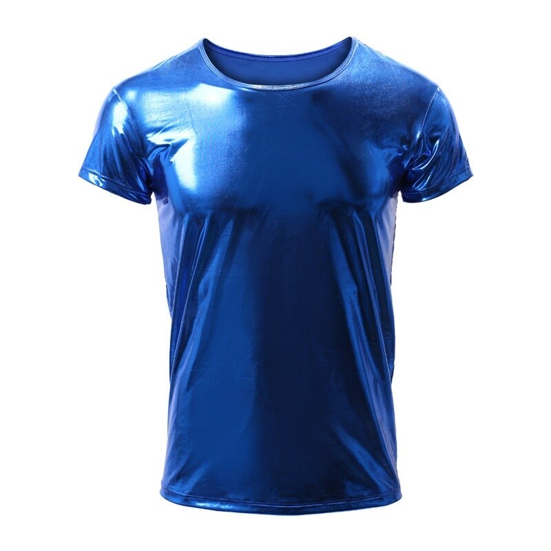 Men's Faux Leather T-Shirt Tops Shiny Metallic Wet Look Fitted Stage Club Wear gallery