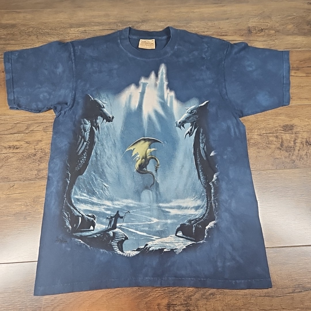 Vintage The Mountain T Shirt Men's Medium Blue Dragon Wizard Leather Tag gallery