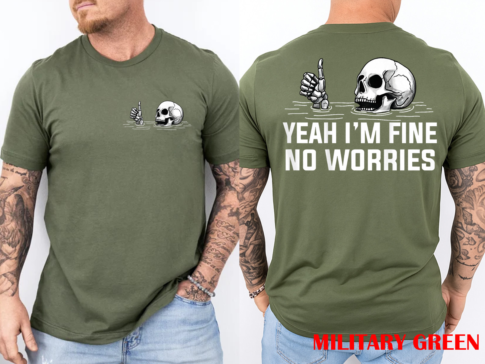 2 Sides Yeah I’m Fine No Worries Skull Vintage Humor Quote T-Shirt gallery