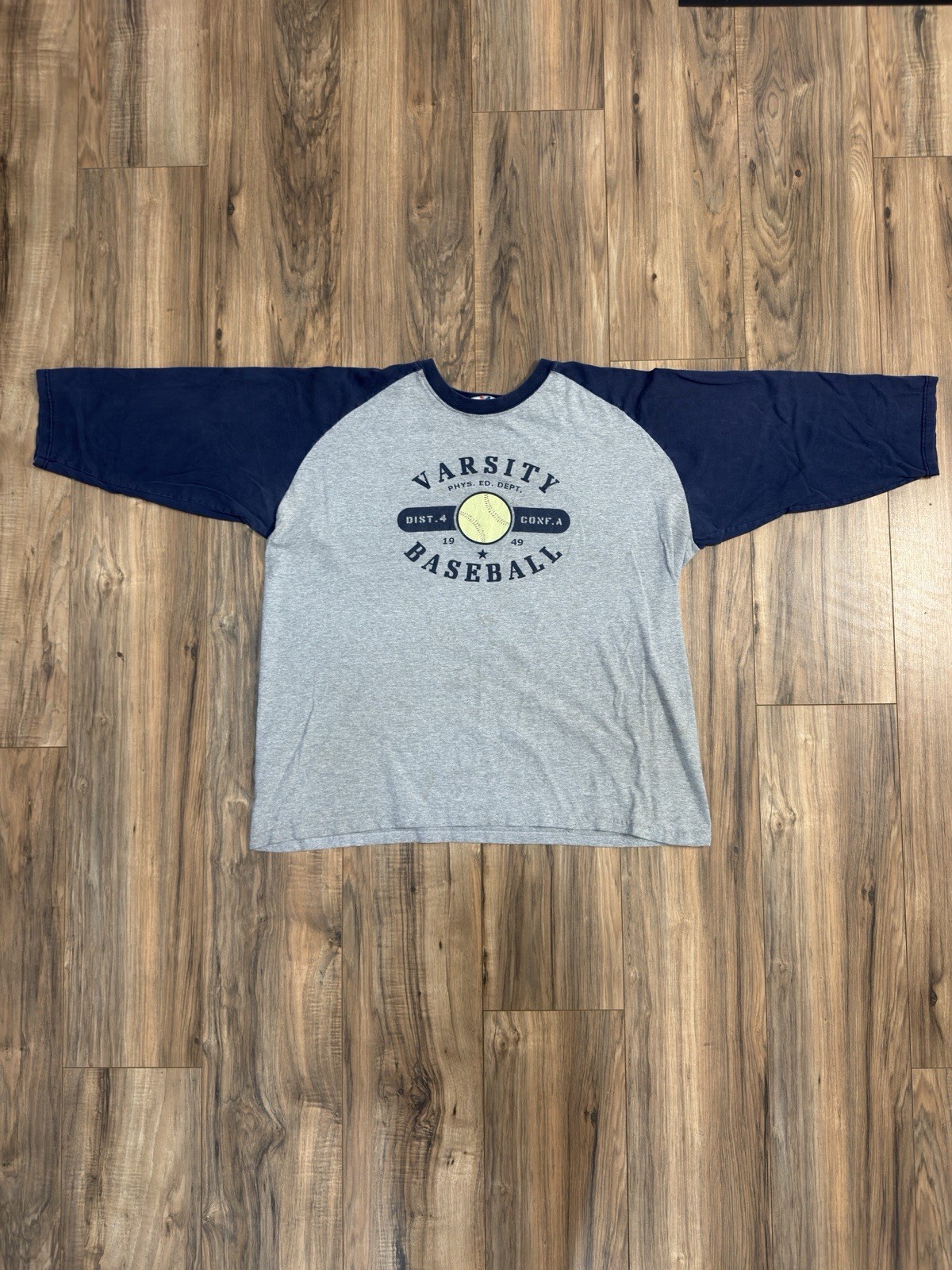Vintage 90s Varsity Baseball PE Gray Navy Blue Raglan Sleeve Shirt Jersey XL gallery