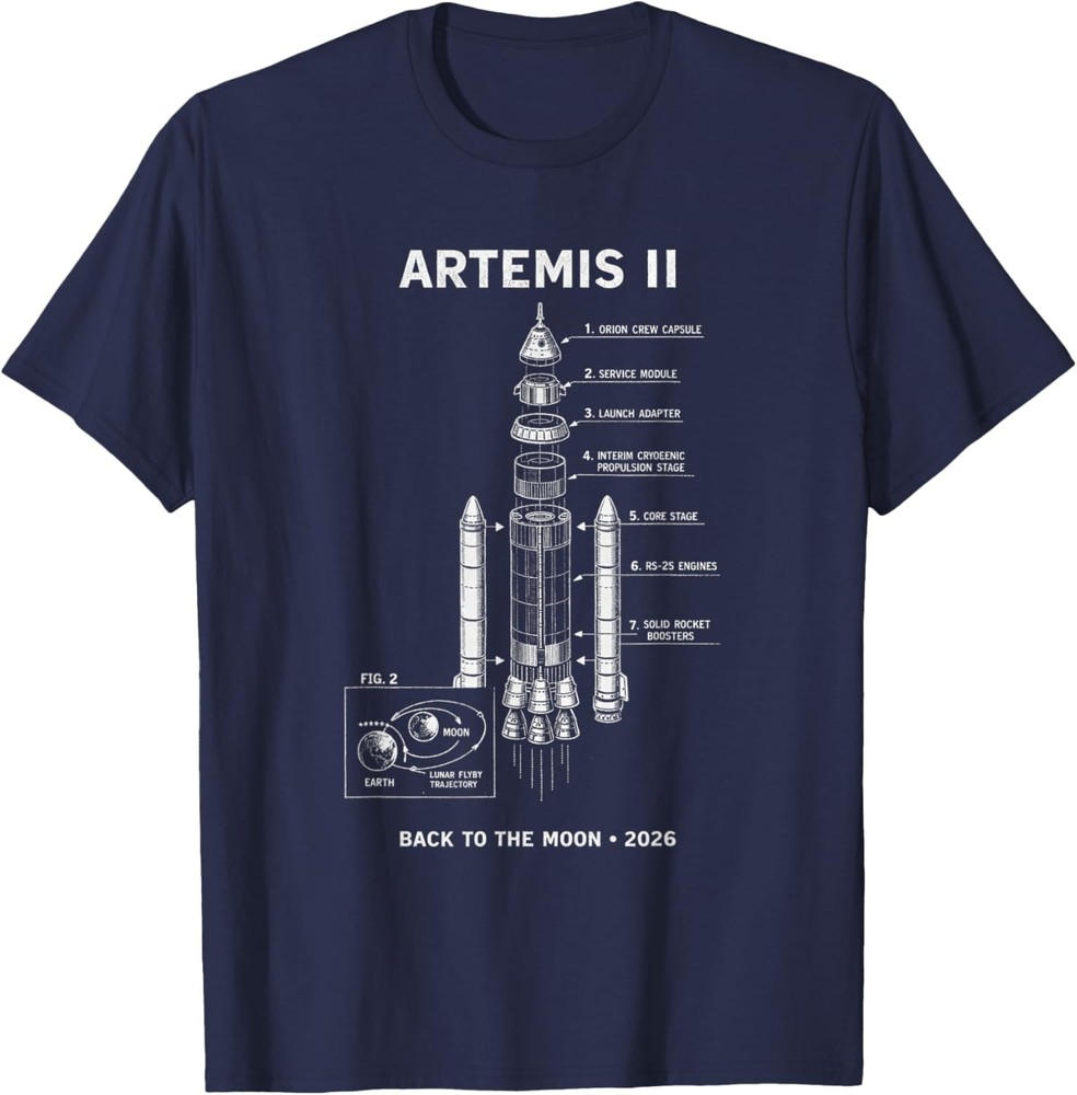 Blueprint Space Rocket Launch Mission to The Moon Artemis 2 T-Shirt