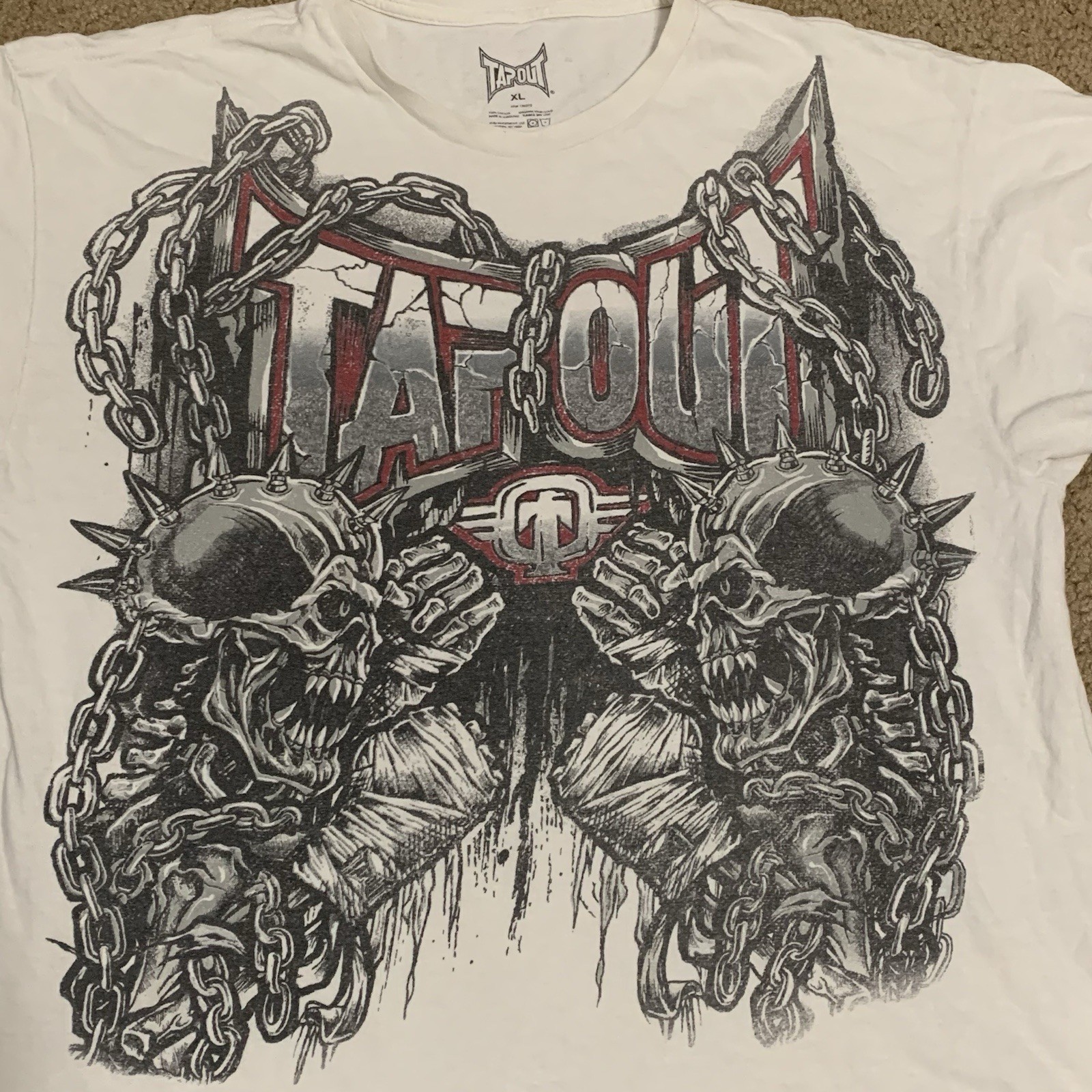 TAPOUT Mens XL White T Shirt Skulls Mma UFC Y2k Style Grunge Chains Reaper Death