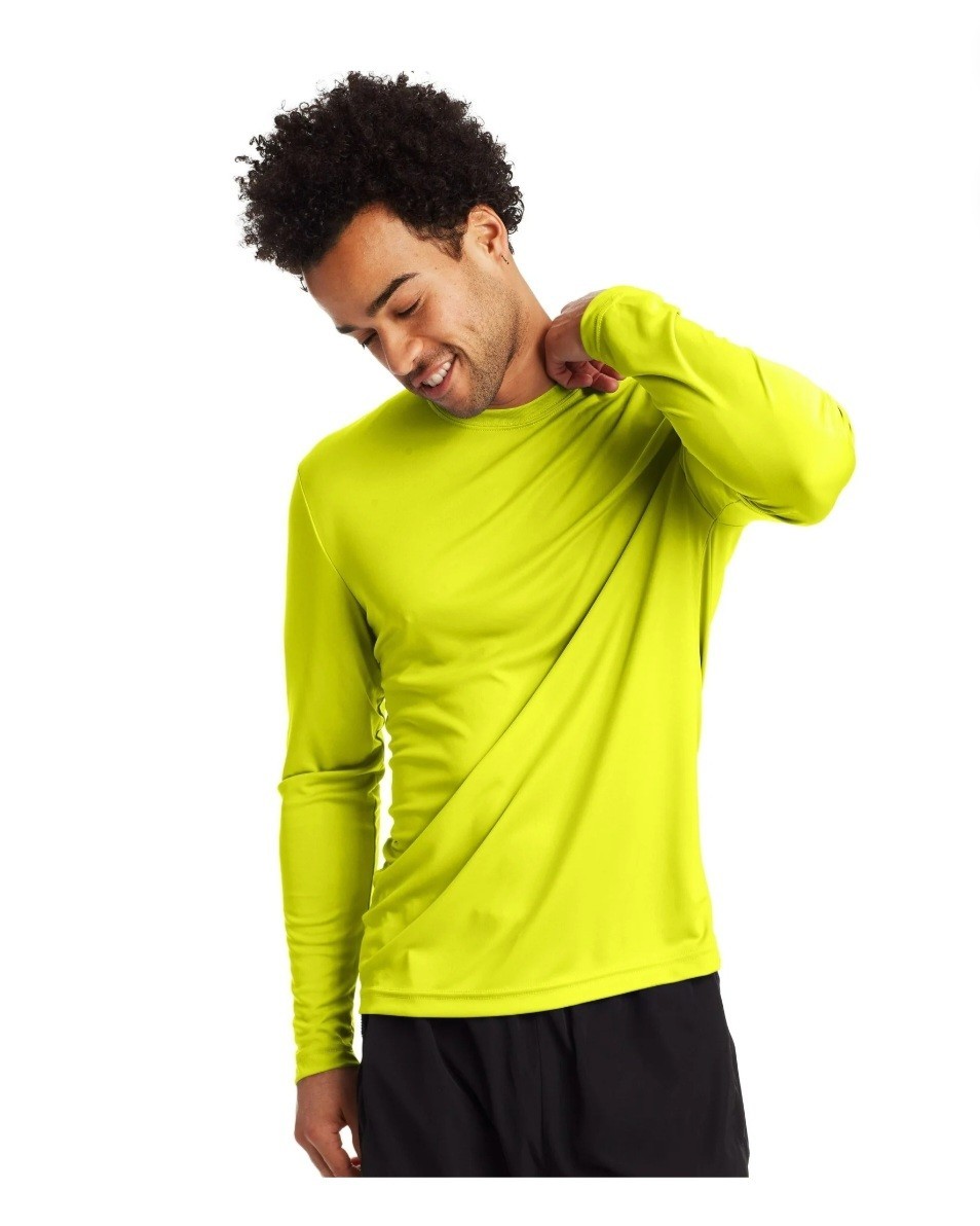 Hanes Cool Dri Hi Vis Safety Green Long Sleeve T Shirt Large 2 Pack Polyester