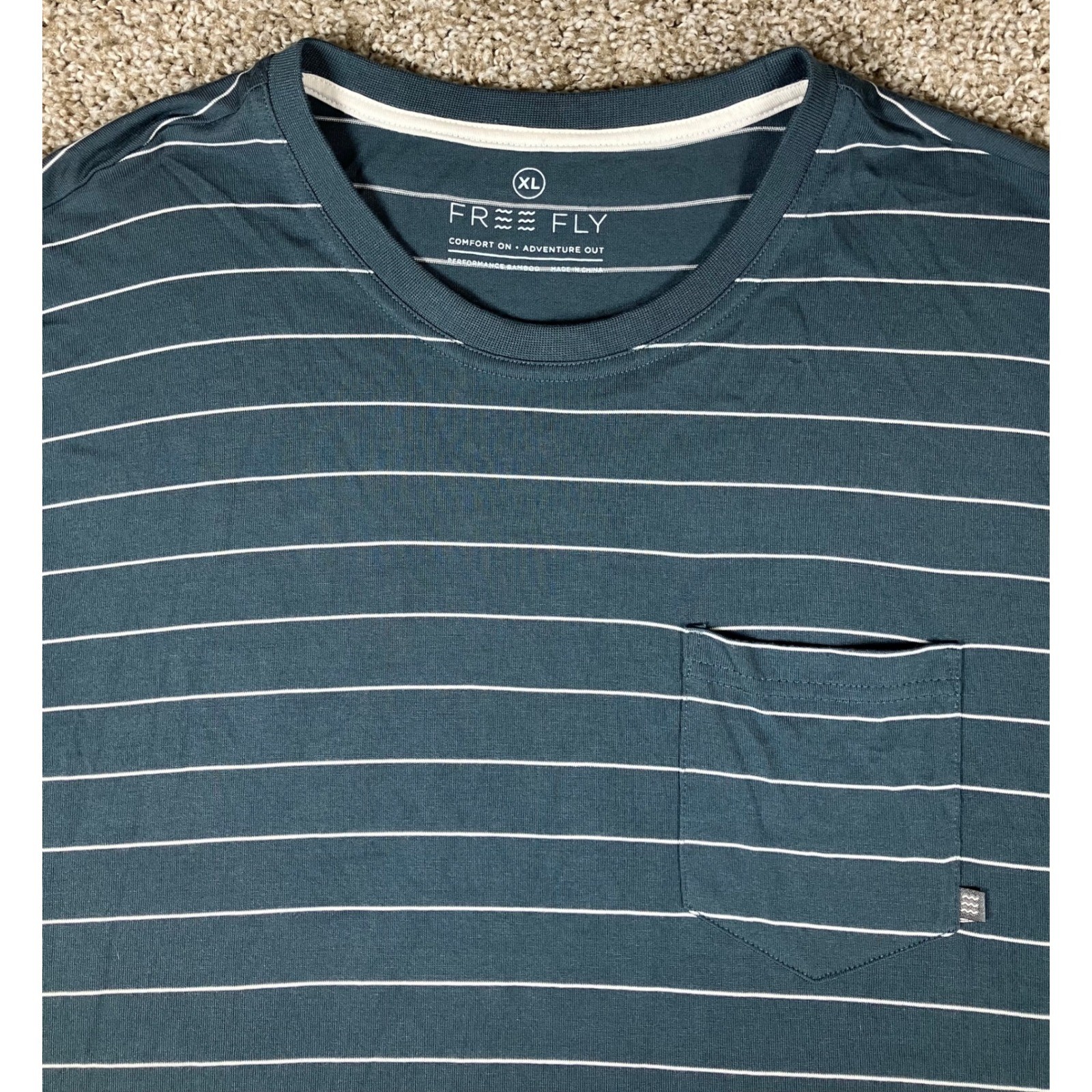 Free Fly Mens XL Bamboo Performance Striped Pocket T-Shirt Blue White Crew Neck gallery