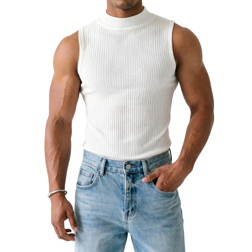 Men Ribbed Sleeveless Tank Top with Half Turtleneck Neckline Casual Vest gallery